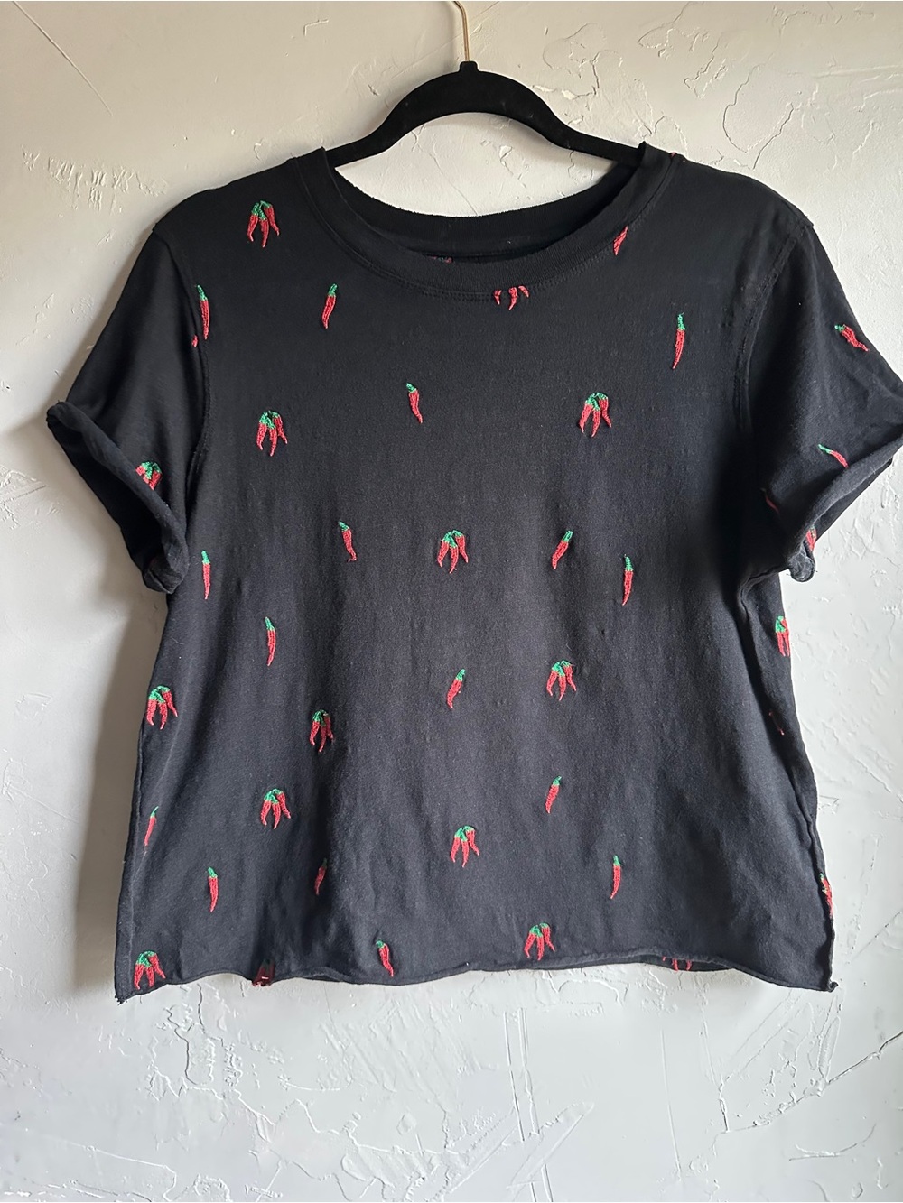 Maeve Chili Pepper Embroidered Tee S Novelty Western Cowgirl Southwest Boxy